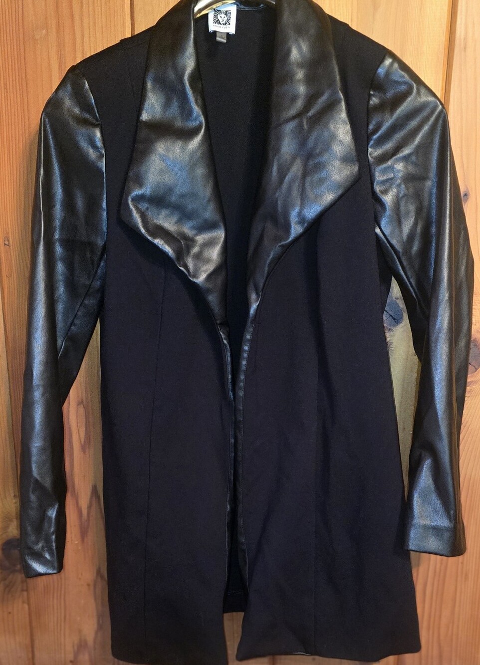 Anne Klein Black Faux Leather Sleeve Open-Front Women's Coat